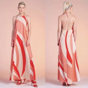 TYCHE Geo Curve Halter Top Maxi Dress Cream/Peach Print SMALL